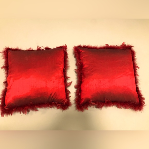 Two Red Silk Feather Trimmed Pillows filled with Feather - Picture 3 of 4